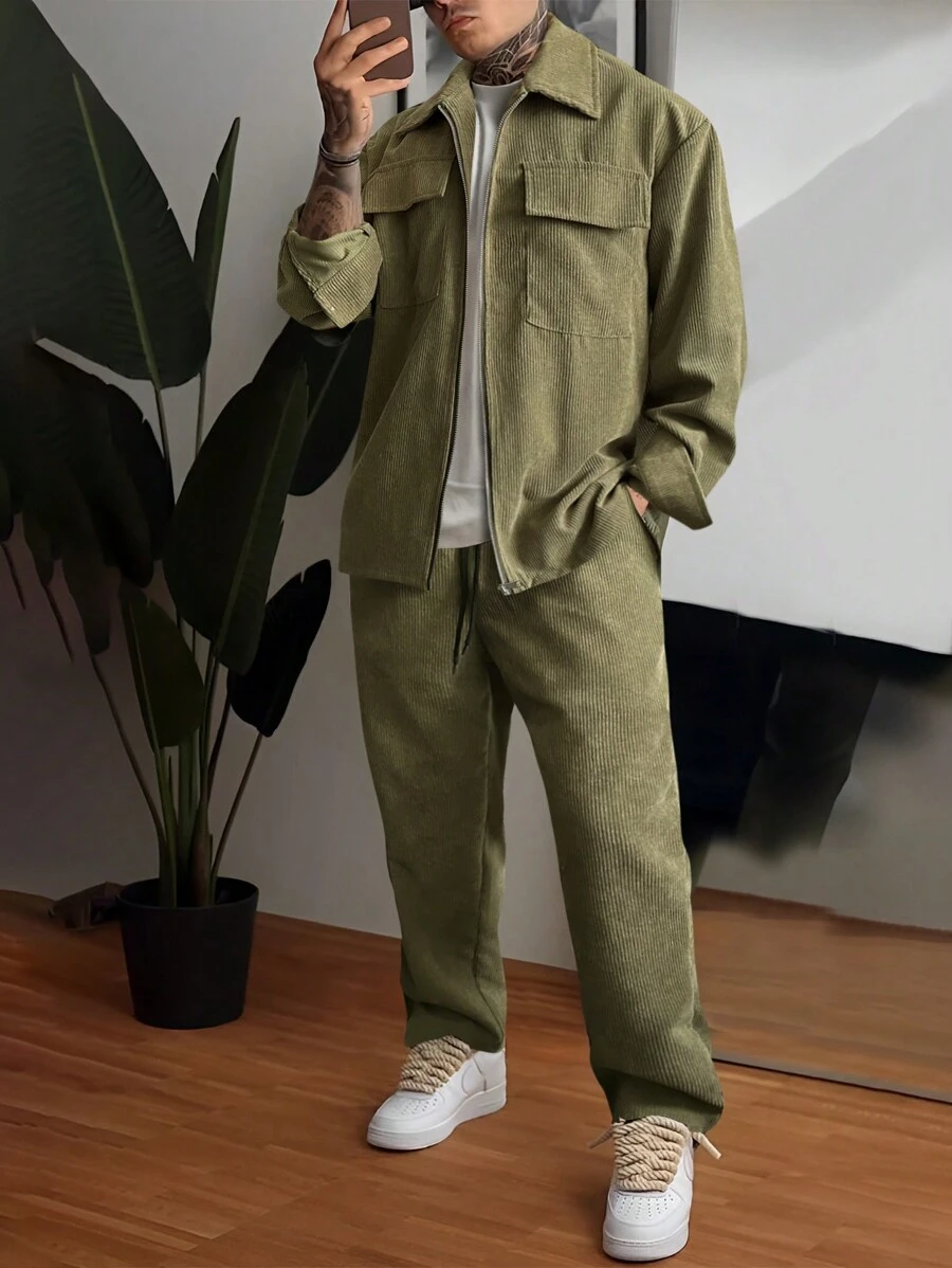 Manfinity Homme Männer Pattentasche, Kord Shirt mit & Tunnelzug, Hose mit ohne T-Shirt - Grün - Übersicht 1