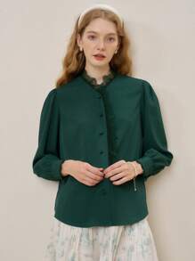 Simple Retro Blusa con encaje en contraste con botón delantero manga larga - Verde Oscuro - Ver 5