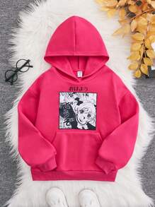 SHEIN Áo nỉ nữ tuổi teen in hình chữ cái và hình người Nhật, có túi kangaroo. - Màu Hồng Tươi - Xem 1