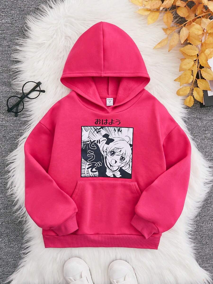 SHEIN Áo nỉ nữ tuổi teen in hình chữ cái và hình người Nhật, có túi kangaroo. - Màu Hồng Tươi - Xem 1