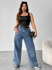 SHEIN EZwear Plus Letter Patched PU Leather Tank Top - Black - View 4