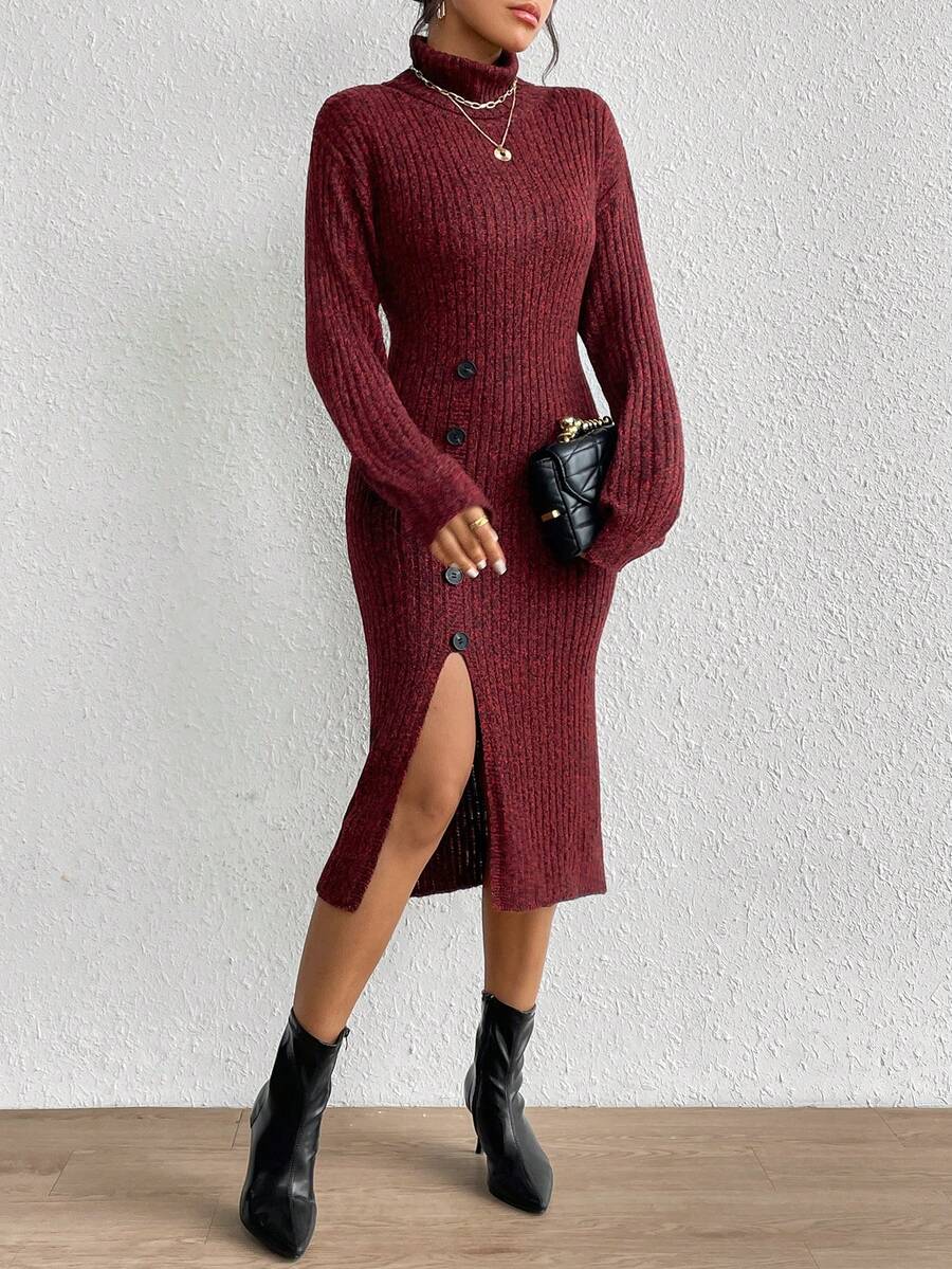SHEIN Privé Áo cao cổ Chi tiết Nút Tách đùi Tay áo lồng đèn Đầm Áo len - Màu Đỏ Sâu - Xem 1