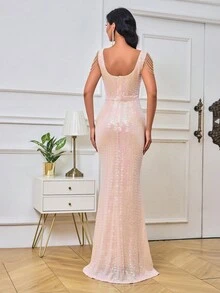 Vestido de fiesta bajo sirena con lentejuelas - Rosa Pálido - Ver 2