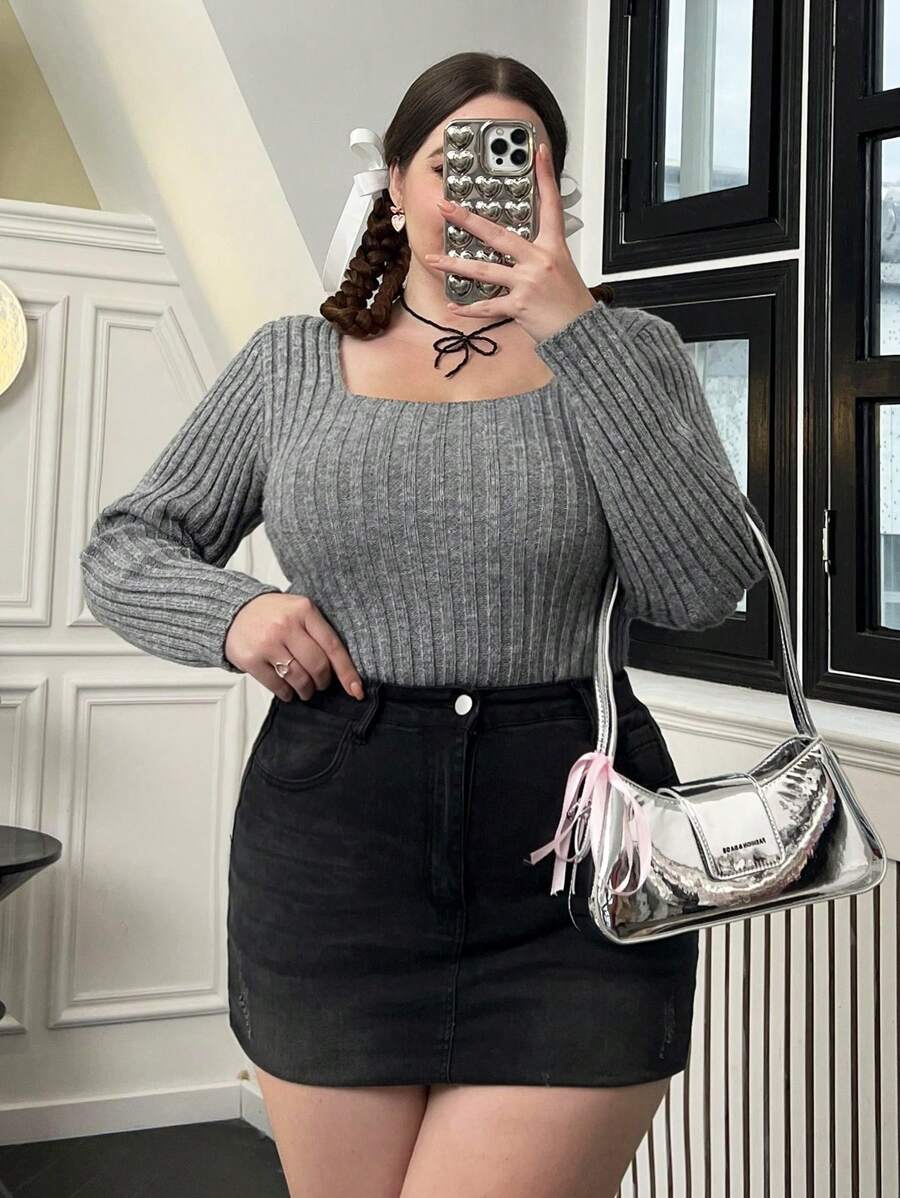 Flirla Plus Square Neck Ribbed Knit Sweater - Grey - View 1