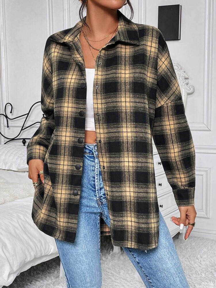 Plaid Print Drop Shoulder Curved Hem Coat Fall Cloth For Women