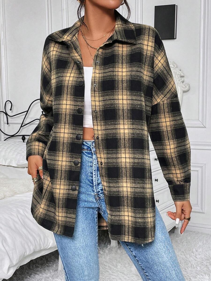 Chiquease Plaid Print Drop Shoulder Curved Hem Coat Fall Cloth For Women - Coffee Brown - View 1