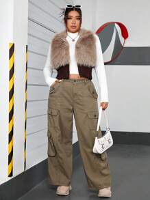 SHEIN EZwear Plus Fuzzy Panel Crop Vest Coat - Brown - View 3