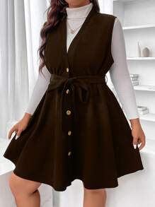 SHEIN Franclia Plus Button Front Sleeveless Belted Dress Without Sweater - Brown - View 6
