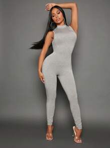 SHEIN SXY Solid Mock Neck Unitard Jumpsuit - Grey - View 5