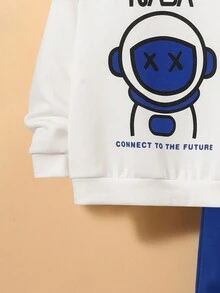 SHEIN Tween Boy Cartoon Graphic Contrast Collar Sweatshirt & Sweatpants - White - View 3