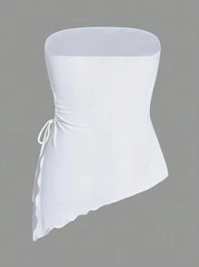 SHEIN EZwear 白色頂部,束緊腰部收集,側邊束繩不對稱的下擺 - 白色 - 查看 2