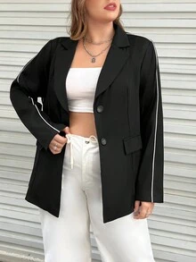 Flirla Hơn Contrast Piping Ngực đơn Áo vest - màu đen - Xem 4