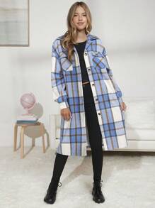 Teen Girl Plaid Flap Pocket Drop Shoulder Overcoat