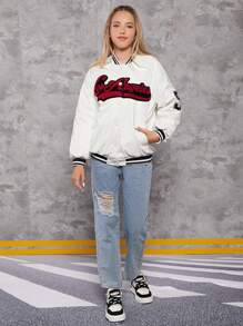 青少年女孩字母貼片條紋飾邊落肩校隊夾克 - 黑與白 - 查看 6