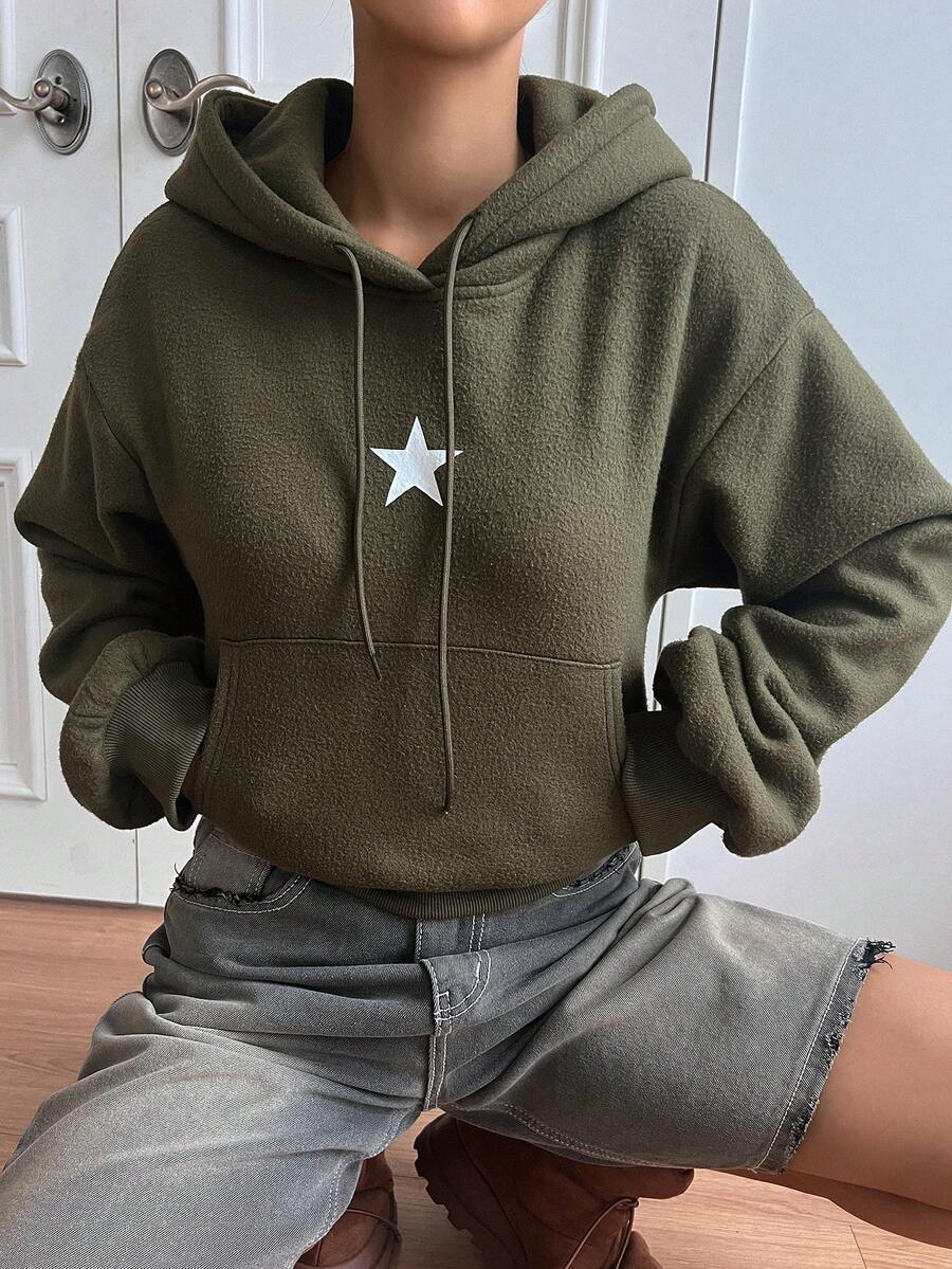 DAZY 星星刺繡袋鼠口袋落肩抽繩連帽衫 - 軍綠色 - 查看 1