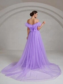 Faeriesty Elegant Solid Off Shoulder Ruffle Trim Mesh Formal Dress - Purple - View 2