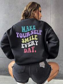 EURMUSE Slogan Graphic Drop Shoulder Sweatshirt - Black - View 1