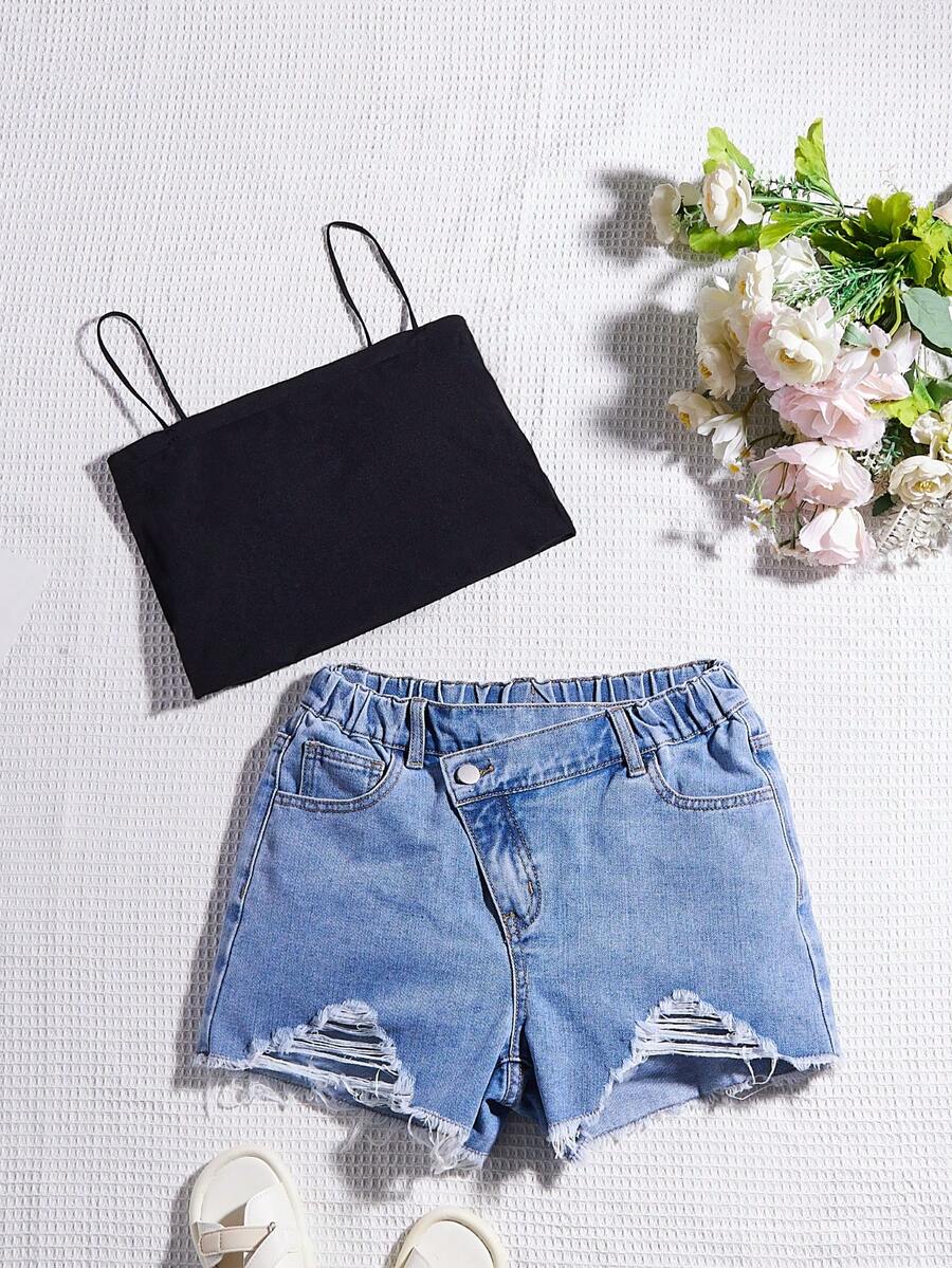 Quần Short Denim Trùm Eo Cô Gái Tuổi Teen Rách Hem Nguyên - Rửa trung bình - Xem 1