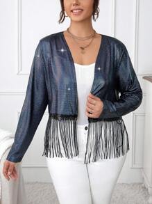 Calvaya Plus Fringe Hem Open Front Jacket Fall Cloth For Women - Black - View 6
