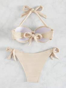 Halter Push Up Bikini Set - Beige - View 6
