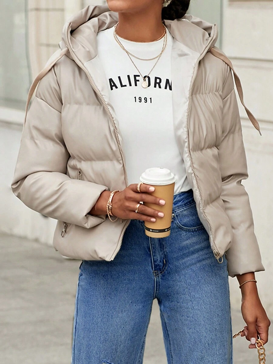 EURMUSE Zip Up Drawstring Hooded Puffer Coat - Khaki - View 1