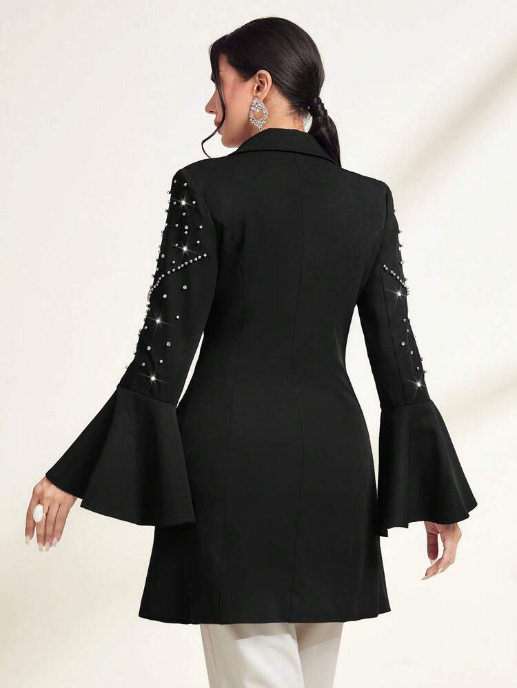Rhinestone Detail Flounce Sleeve Double Breasted Blazer Fall Cloth For Women