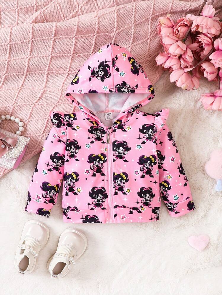 Baby Girl Cartoon Graphic Ruffle Trim Hooded Jacket