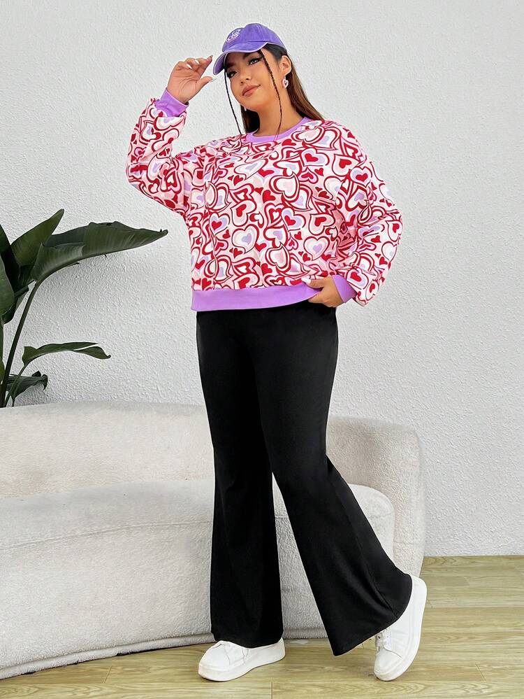 Plus Heart Print Drop Shoulder Sweatshirt & Pants