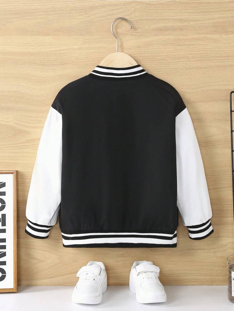 Young Boy Letter Patched Striped Trim Drop Shoulder Thermal Varsity Jacket Without Tee