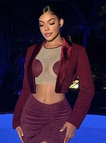 SHEIN SXY Solid Shawl Collar Crop Jacket - Burgundy - View 1