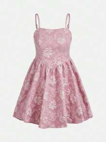 SHEIN 青少年女孩花卉圖案提花吊帶洋裝 - 藕粉色 - 查看 1