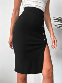 EURMUSE 高衩紐扣細節鉛筆裙