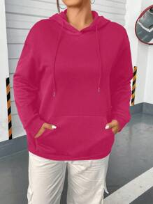 Flirla 加大码日月印花落肩抽绳卫衣 - 玫紅色 - 查看 2