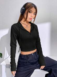 SHEIN EZwear 黑色拉链抽绳短款连帽衫 毕业典礼、返校服装、毕业典礼、女士教师服装、秋冬返校 - 黑色 - 查看 4