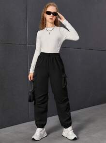 Teen Girl Flap Pocket Side Cargo Pants - Black - View 5