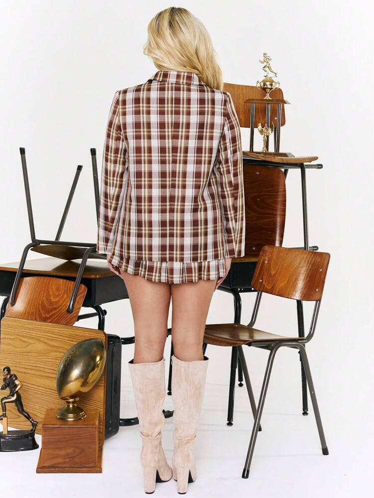 Plaid Print Lapel Neck Blazer & Skirt