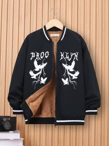 SHEIN 男大童字母&鴿子印花拼接邊加絨內裏拉鍊飛行員夾克 - 黑色 - 查看 7