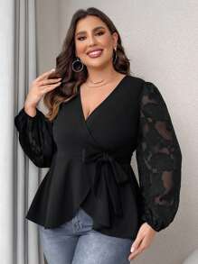 SHEIN Clasi 大碼網紗拼接燈籠袖側打結圍裹女士襯衫 - 黑色 - 查看 3