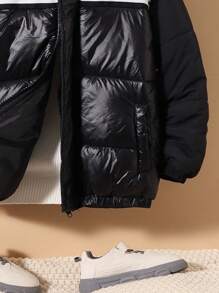 SHEIN Tween Boy Striped Tape Panel Zipper Padded Coat Without Sweater - Black - View 4