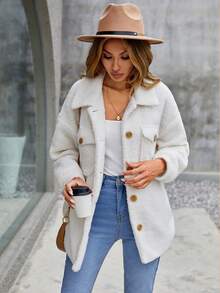 SHEIN LUNE Flap Pocket Drop Shoulder Teddy Coat