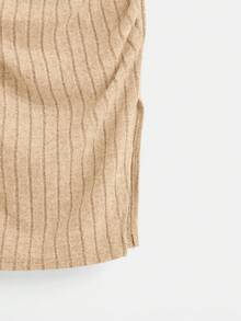 SHEIN EZwear Solid Ribbed Knit Split Hem Ruched Dress - Apricot - View 4