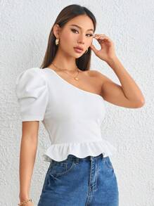 SHEIN Privé One Shoulder Puff Sleeve Ruffle Hem Tee - White - View 3