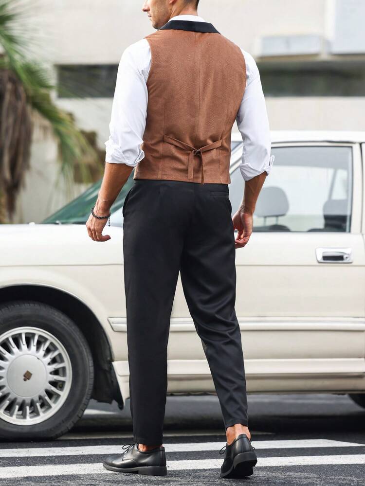 Men Contrast Panel Shawl Collar Blazer Vest & Suit Pants