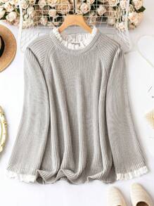SHEIN LUNE Plus Size Lace Hem Patchwork Raglan Sleeve Long Sleeves Pullover Sweater - Grey - View 1