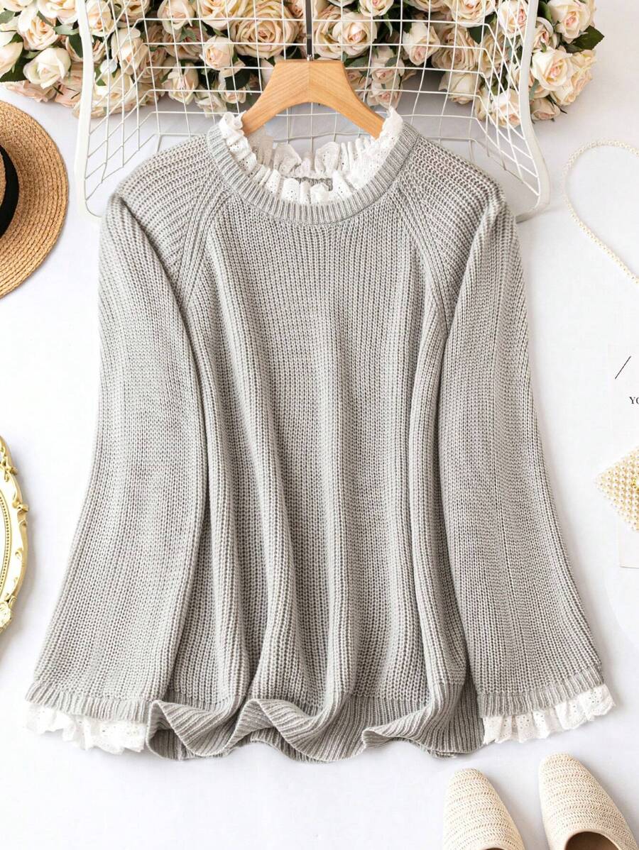 SHEIN LUNE Plus Size Lace Hem Patchwork Raglan Sleeve Long Sleeves Pullover Sweater - Grey - View 1