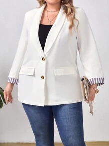 SHEIN Privé Plus Striped Print Shawl Collar Blazer - White - View 1