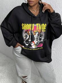 Slaydiva Plus Size Figure & Letter Graphic Drop Shoulder Drawstring Sweatshirt - Black - View 1