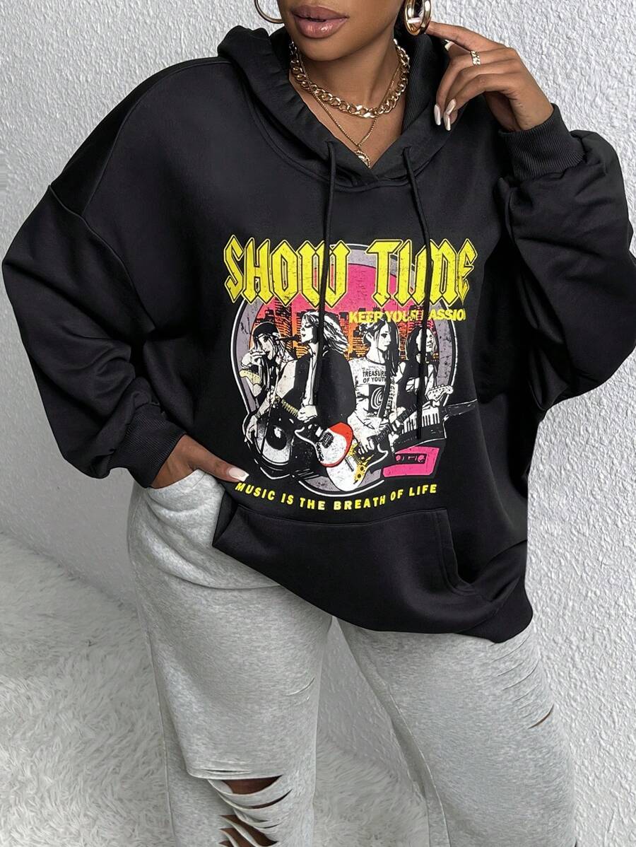 Slaydiva Plus Size Figure & Letter Graphic Drop Shoulder Drawstring Sweatshirt - Black - View 1