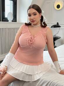 Flirla 大碼前繫帶褶邊背心上衣 - 粉色 - 查看 4