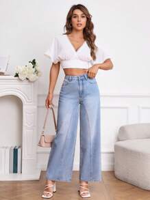 SHEIN Privé 高腰闊腿牛仔褲 - 淺色水洗藍 - 查看 1